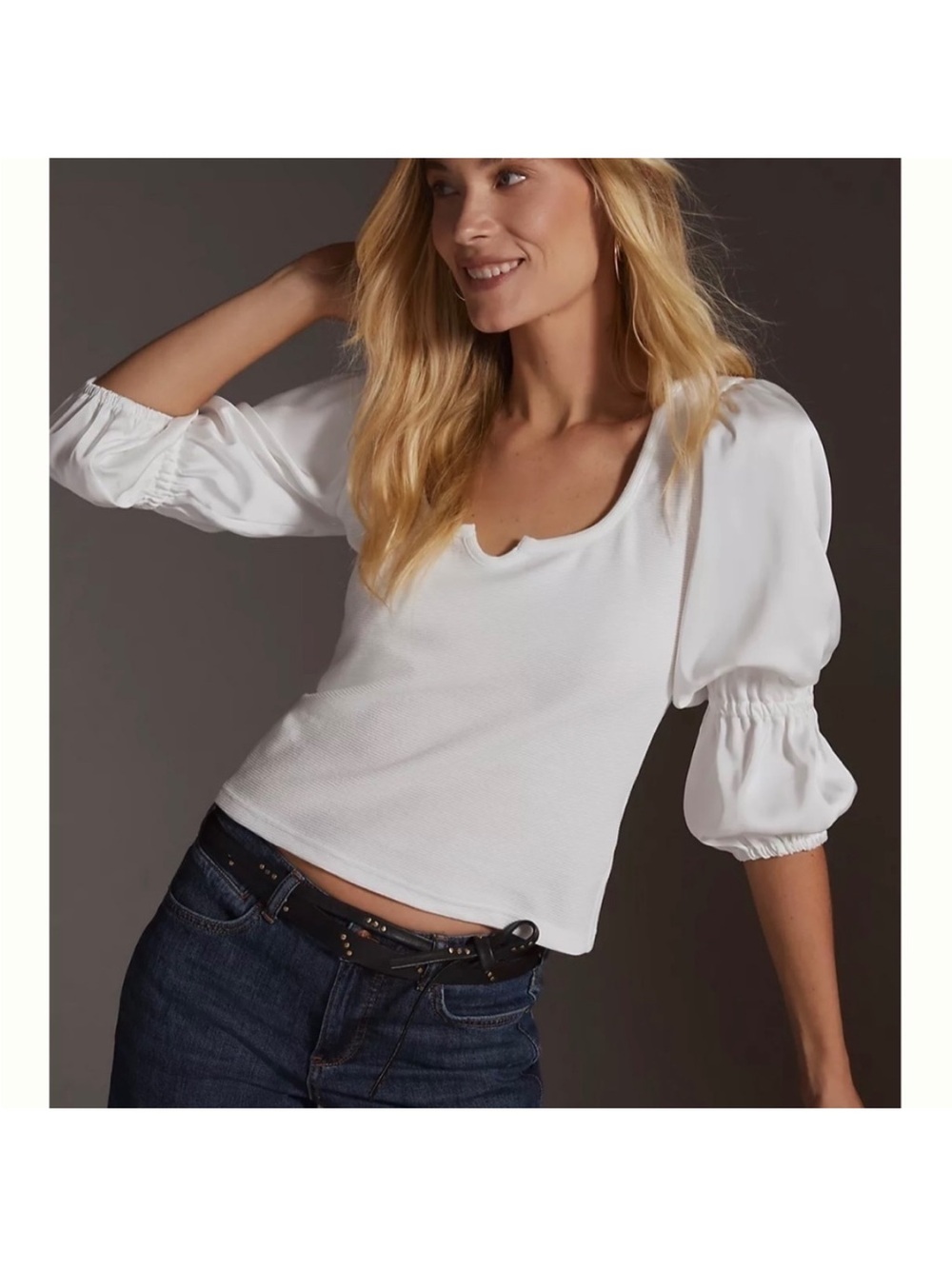 Anthropologie Maeve Ribbed Tiered Sleeve Top White Size M